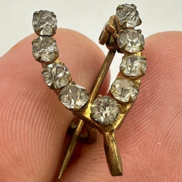 Antique Victorian gold gilt clear glass paste rhinestones dainty wishbone brooch - Picture 1 of 8